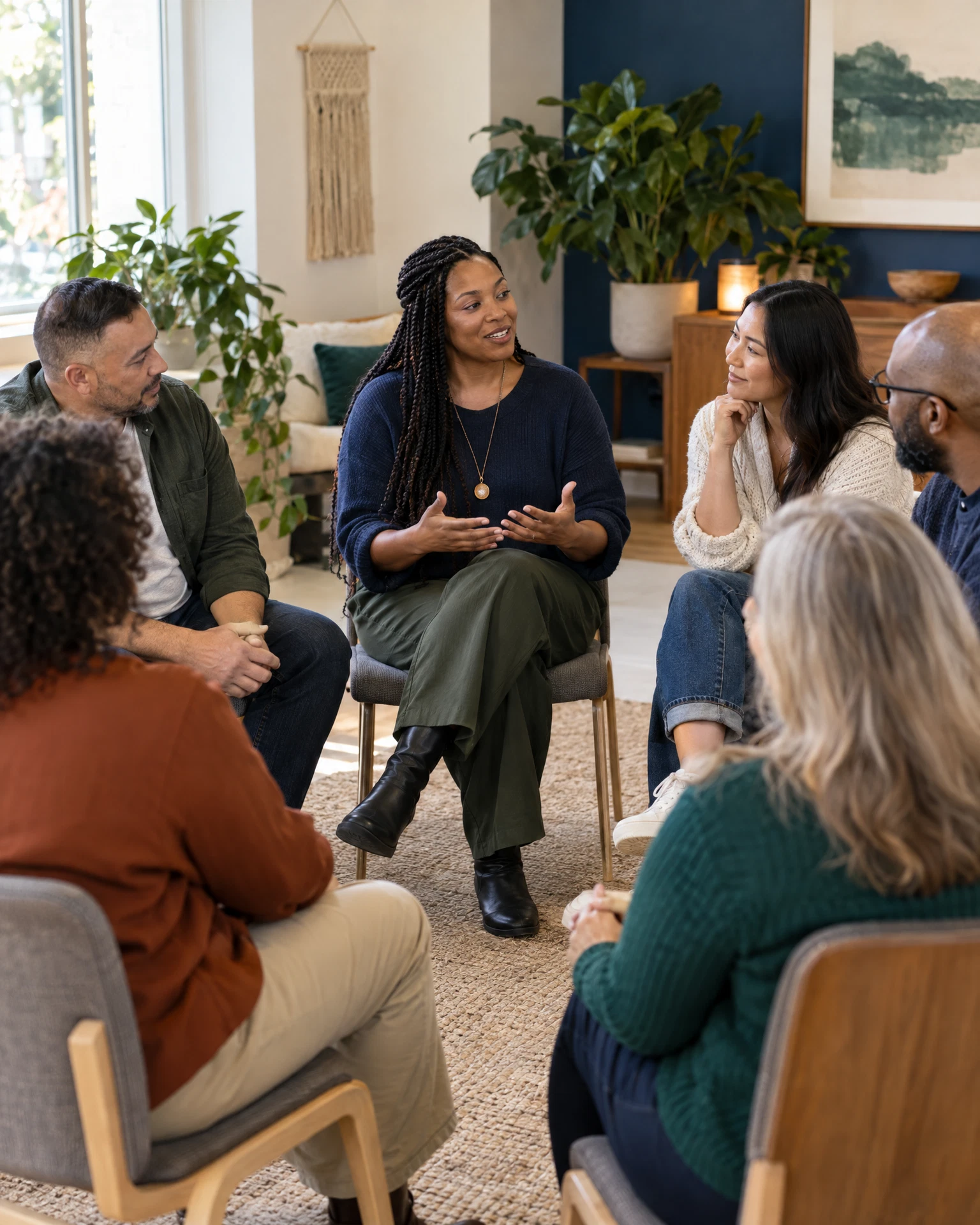 A diverse adult group in a welcoming facilitated support conversation